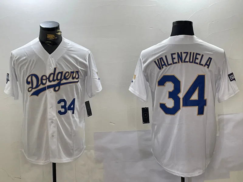 Los Angeles Dodgers #34 Fernando Valenzuela Number White Gold Championship Stitched Cool Base Baseball Jerseys