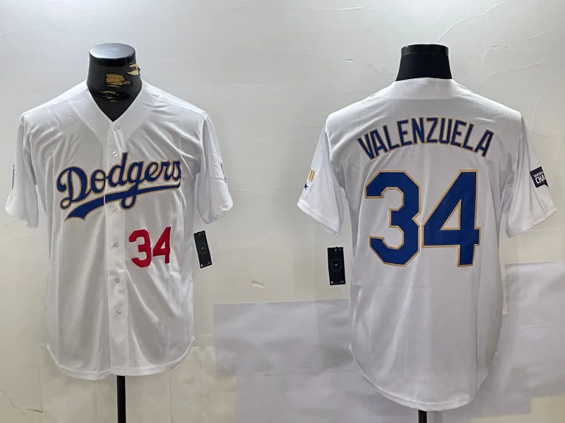 Los Angeles Dodgers #34 Fernando Valenzuela Number White Gold Championship Stitched Cool Base Baseball Jerseys