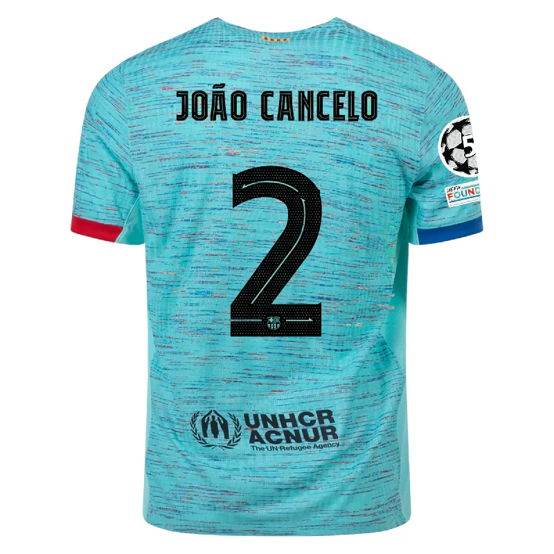 Nike Barcelona Authentic Joao Cancelo Match Vaporknit Third Jersey w/ Champions League Patches 23/24 (Light Aqua/Royal Blue)