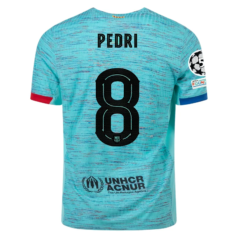 Nike Barcelona Authentic Pedri Match Vaporknit Third Jersey w/ Champions League Patches 23/24 (Light Aqua/Royal Blue)