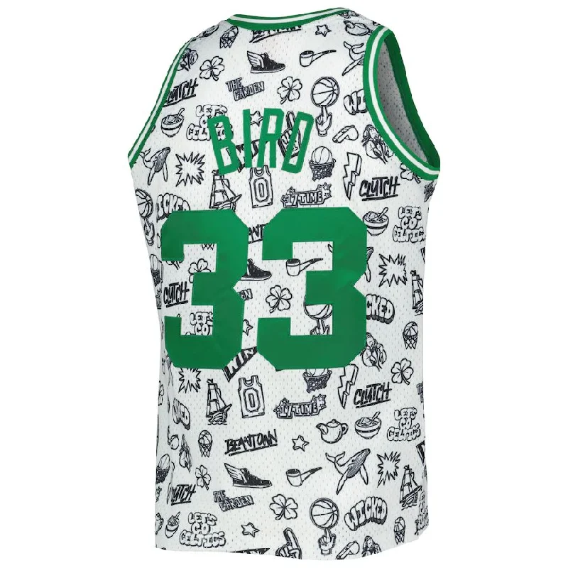 B.Celtics #33 Larry Bird Mitchell & Ness 1985-86 Hardwood Classics Doodle Swingman Jersey White Stitched American Basketball Jersey