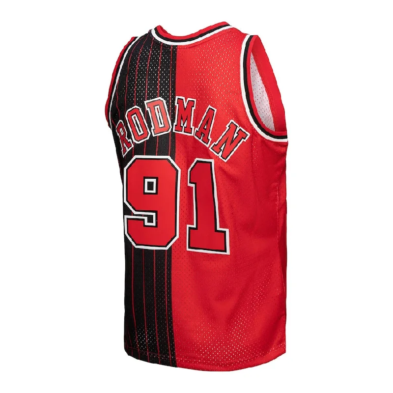 C.Bulls #91 Dennis Rodman Mitchell & Ness Big & Tall Hardwood Classics 1995-96 Split Swingman Jersey Red Black Stitched American Basketball Jersey