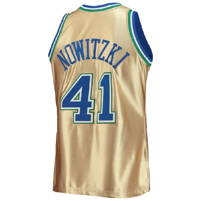 D.Mavericks #41 Dirk Nowitzki Mitchell & Ness 75th Anniversary 1998-99 Hardwood Classics Swingman Jersey Gold Stitched American Basketball Jersey