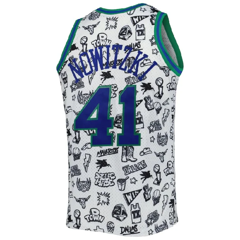 D.Mavericks #41 Dirk Nowitzki Mitchell & Ness 1998-99 Hardwood Classics Doodle Swingman Jersey White Stitched American Basketball Jersey