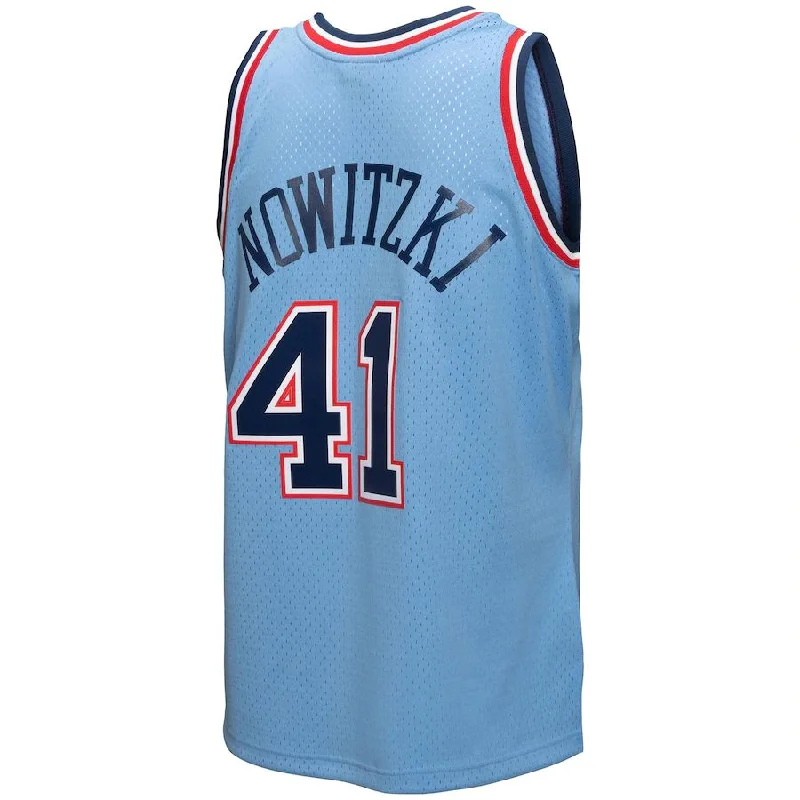 D.Mavericks #41 Dirk Nowitzki Mitchell & Ness 1998-99 Hardwood Classics Reload 3.0 Swingman Jersey Light Blue Stitched American Basketball Jersey