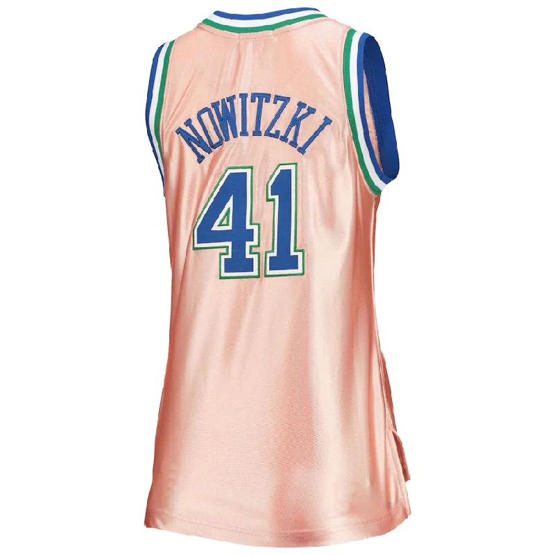 D.Mavericks #41 Dirk Nowitzki Mitchell & Ness 75th Anniversary Rose Gold 1998 Swingman Jersey Pink Stitched American Basketball Jersey