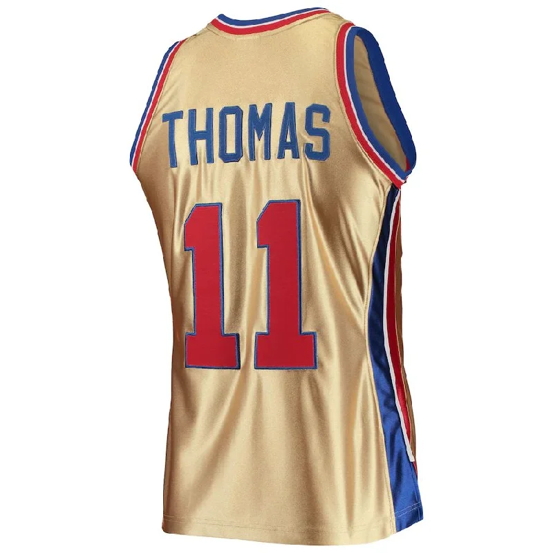 D.Pistons #11 Isaiah Thomas Mitchell & Ness 75th Anniversary 1982-83 Hardwood Classics Swingman Jersey Gold Stitched American Basketball Jersey