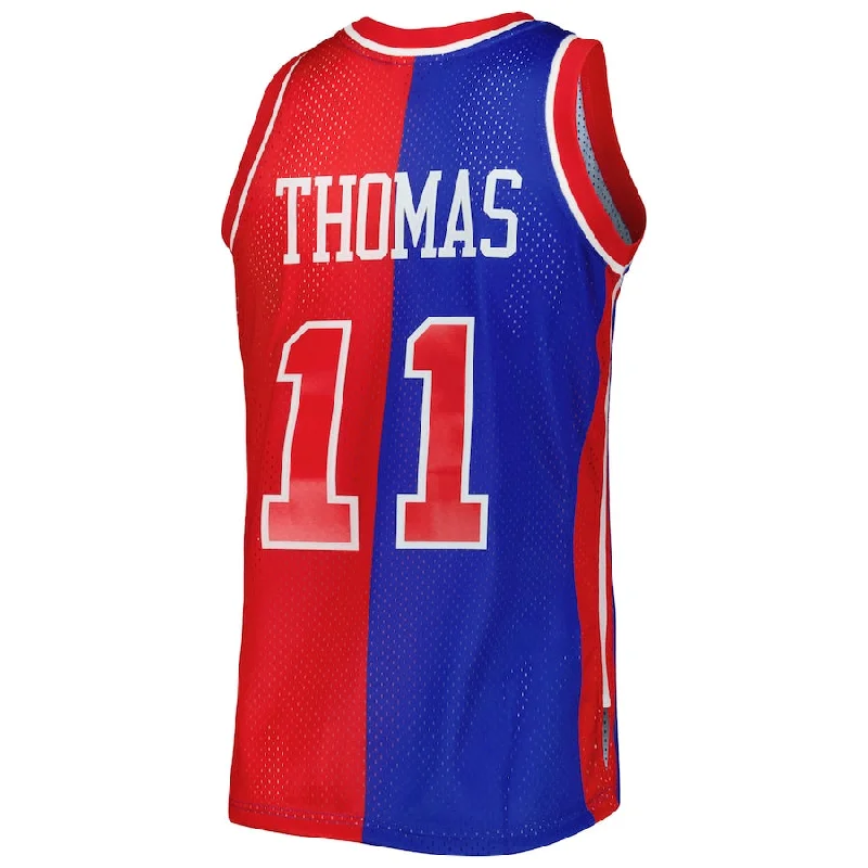 D.Pistons #11 Isaiah Thomas Mitchell & Ness Hardwood Classics 1988-89 Split Swingman Jersey Blue Red Stitched American Basketball Jersey