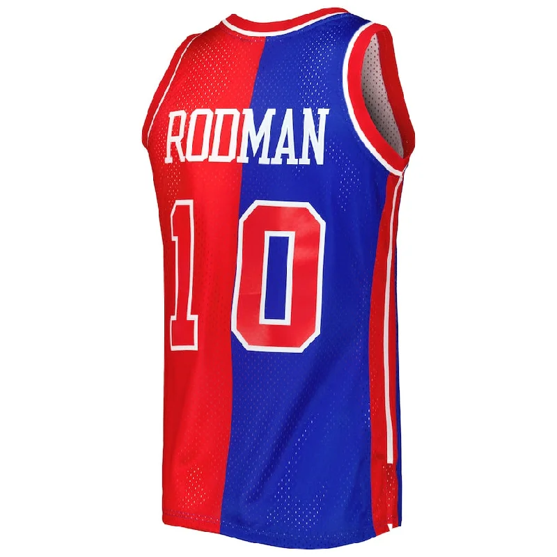 D.Pistons #10 Dennis Rodman Mitchell & Ness Hardwood Classics 1988-89 Split Swingman Jersey Blue Red Stitched American Basketball Jersey