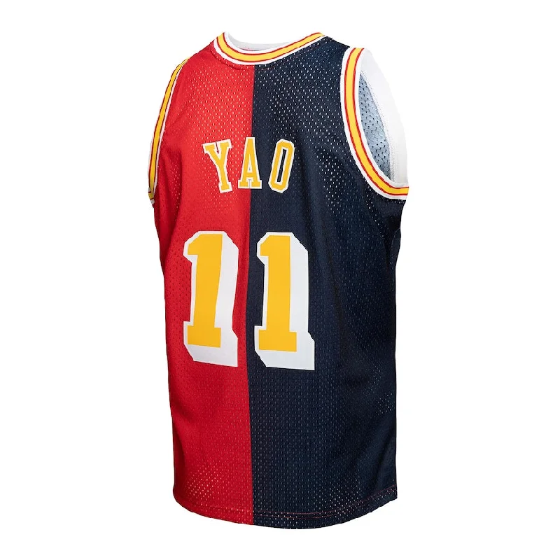 H.Rockets #11 Yao Ming Mitchell & Ness Hardwood Classics 2004-05 Split Swingman Jersey Navy Red Stitched American Basketball Jersey